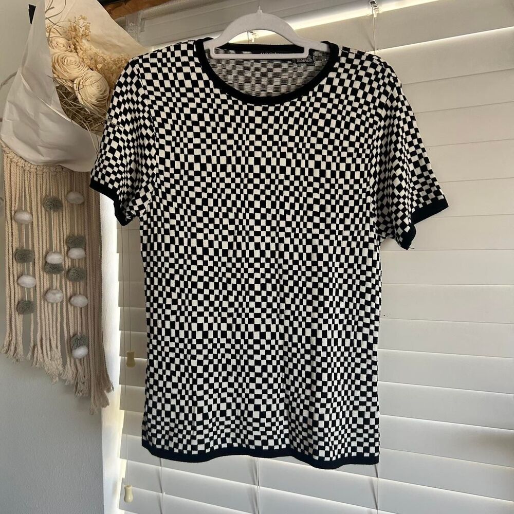 Vintage mod Liz Claiborne Black & White Checkerboard Knit Top Size Small